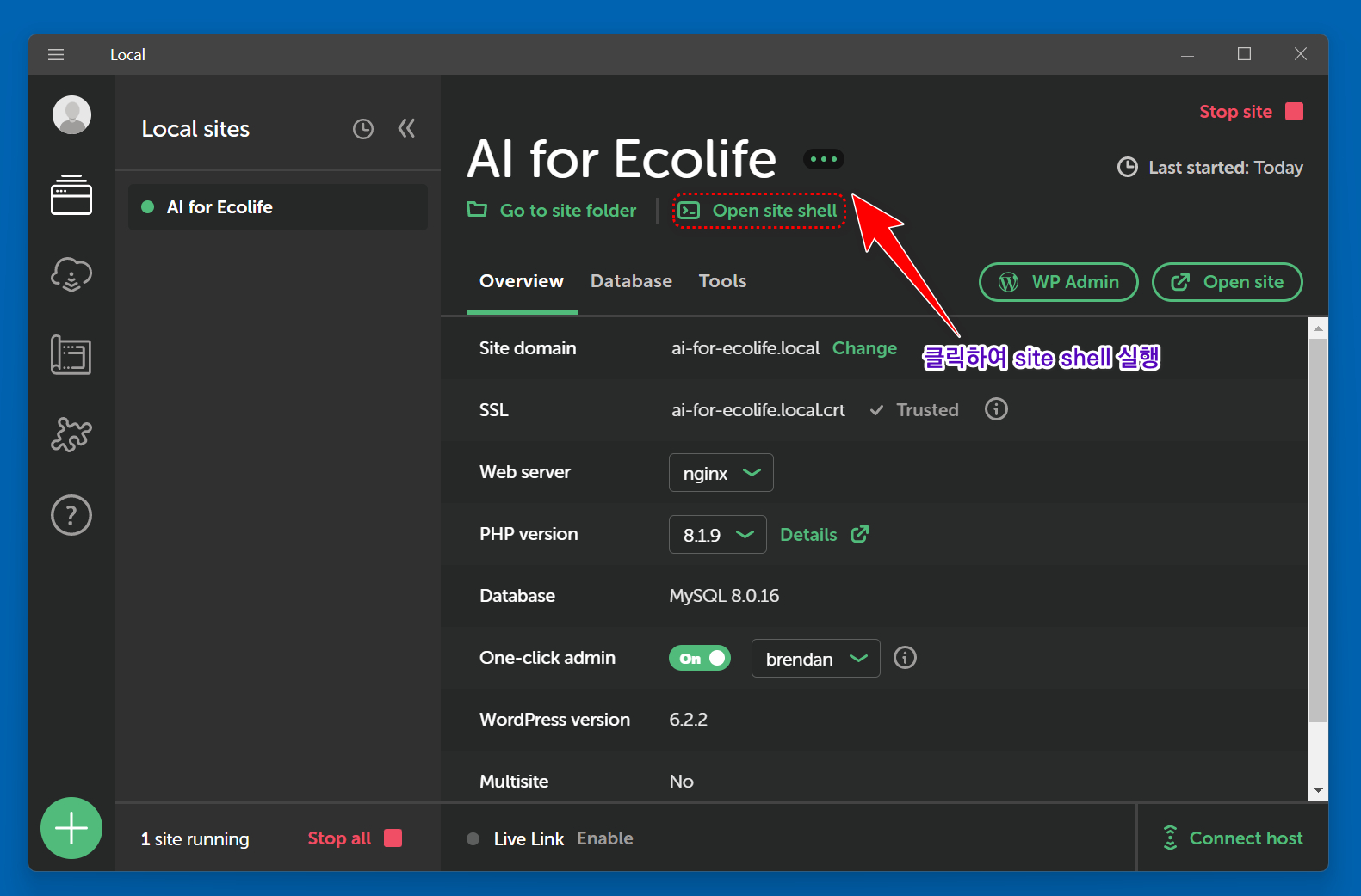 로컬 오픈 사이트 쉘 열기 위한 화면입니다.