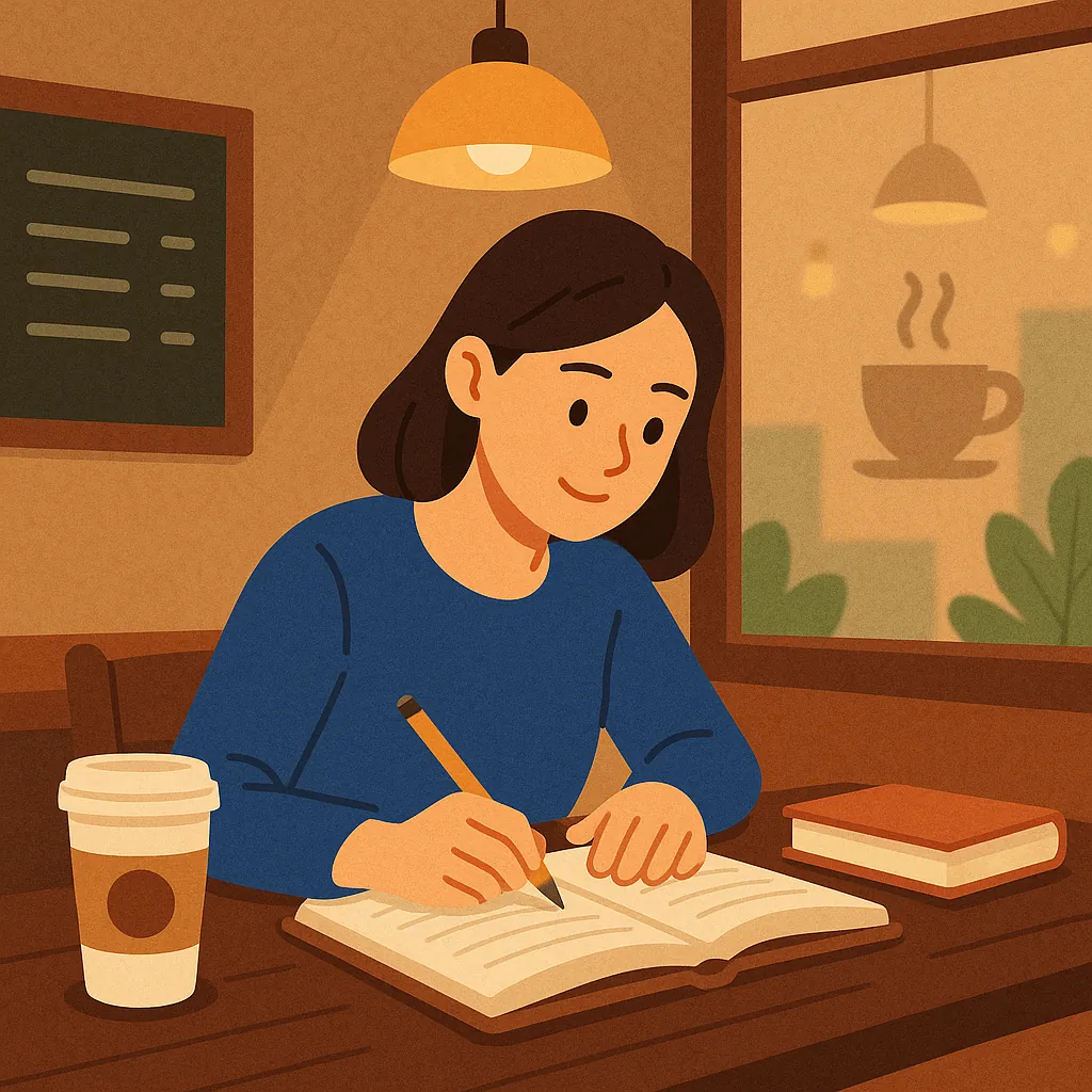 카페에서-공부하는-여성을-묘사한-일러스트로-따뜻한-조명과-책상-분위기-속에서-공부에-집중하는-장면을-표현함