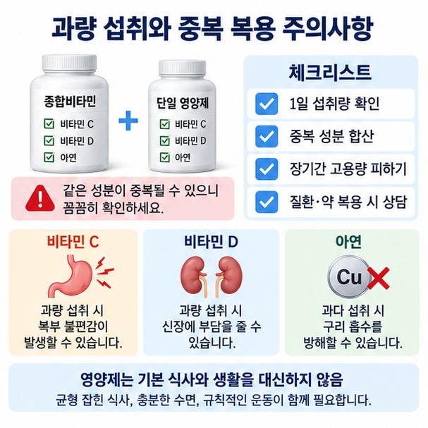 영양제 중복 섭취와 고용량 복용을 피하고 제품의 1일 섭취량을 확인하는 체크리스트 이미지