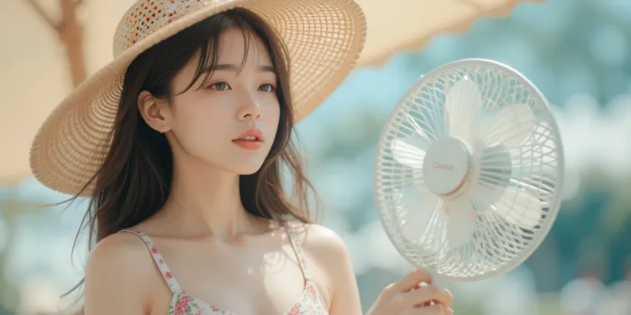 햇볕 아래 선풍기와 물병을 들고 더위를 피하는 여성