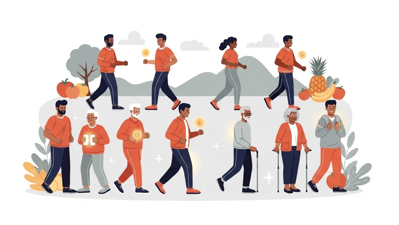 다양한 연령대의 사람들이 운동과 건강한 식단으로 활기찬 생활을 하는 모습, 건강생활실천지원금제를 통해 건강한 삶을 지원받는 모습을 상징적으로 표현한 이미지.