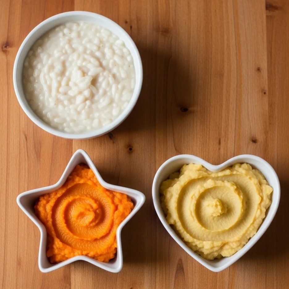 초기 이유식 재료들이 담긴 아기자기한 그릇들