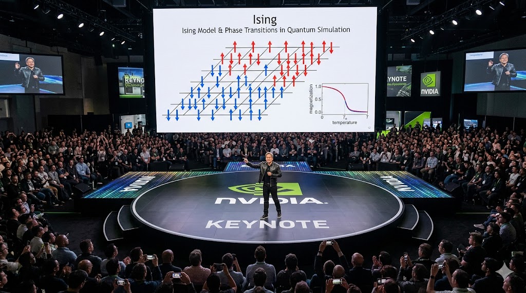 엔비디아 젠슨 황 CEO가 키노트에서 '아이징(Ising)' 슬라이드를 배경으로 발표하는 현장감 있는 사진