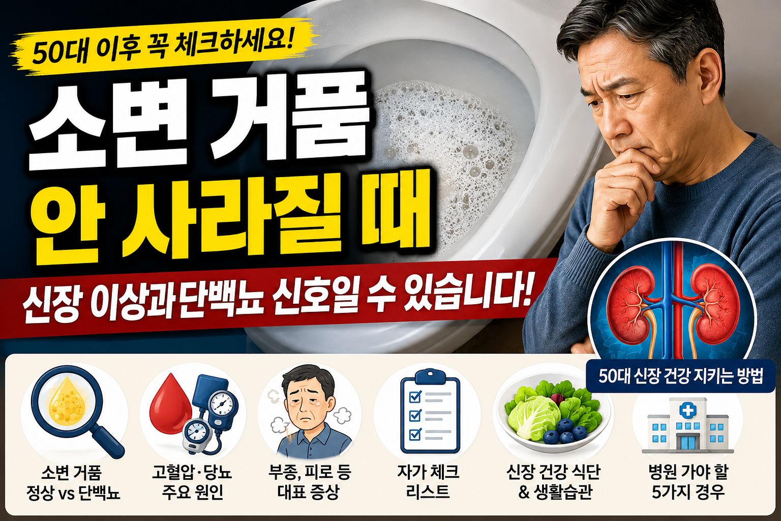 소변에 거품이 안 사라진다면? 50대가 몰랐던 신장 기능 이상과 단백뇨 신호