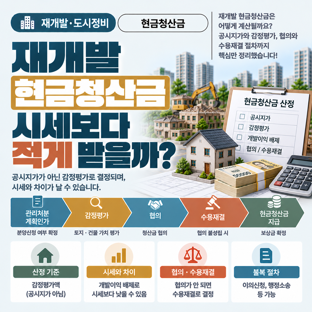 재개발 현금청산금 산정 기준과 수용재결 절차를 설명하는 부동산 안내 이미지