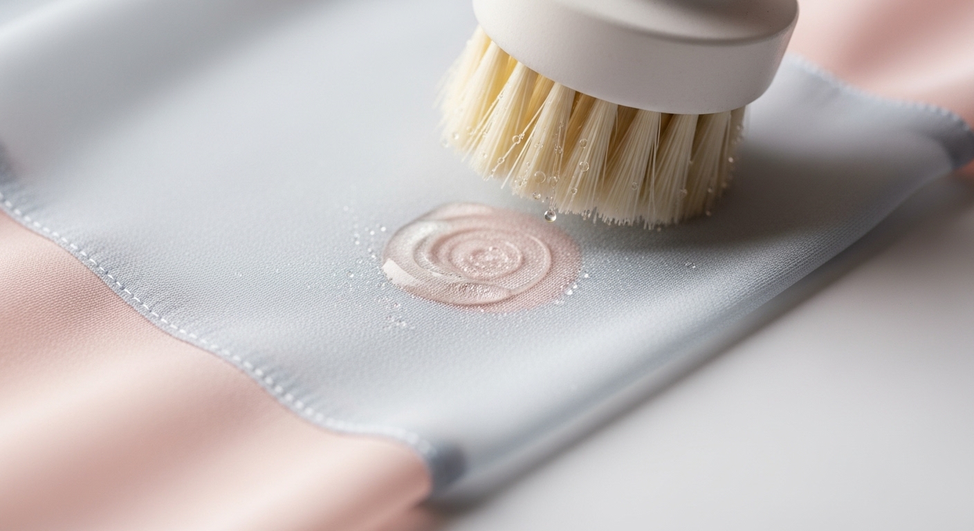 얼룩 제거제를 바른 옷감을 부드러운 솔로 문지르며 얼룩을 제거하는 모습.
