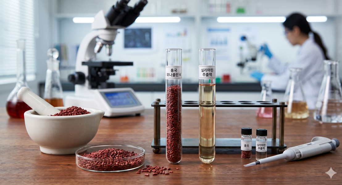 붉은 쌀알(홍국)과 실리마린 추출액이 담긴 시험관이 놓인 전문적인 느낌의 사진