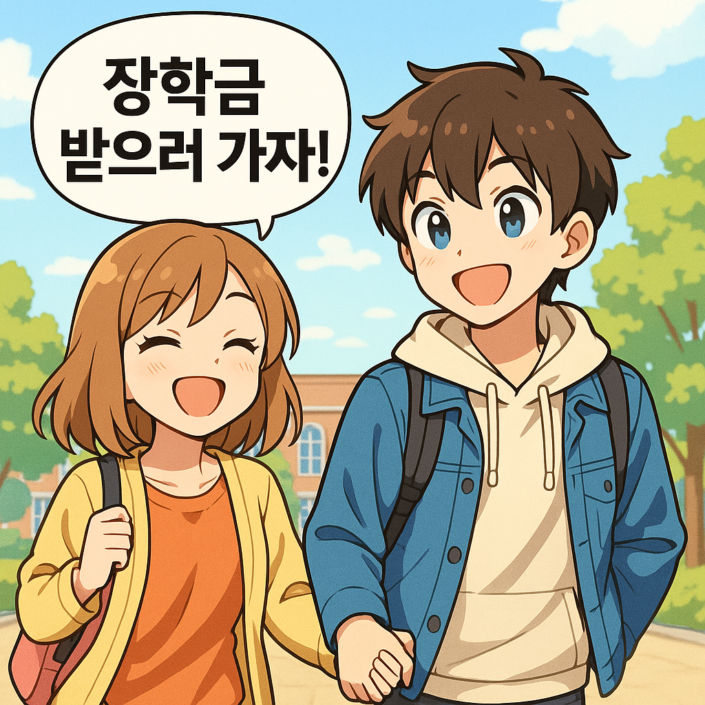 장학금을 받으러 가자는 남녀 학생의 모습