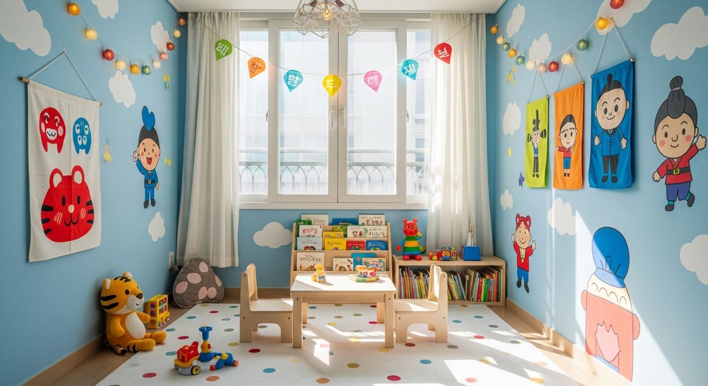 아이 방으로 꾸며진 아파트 내부, 햇살이 비치는 환한 공간