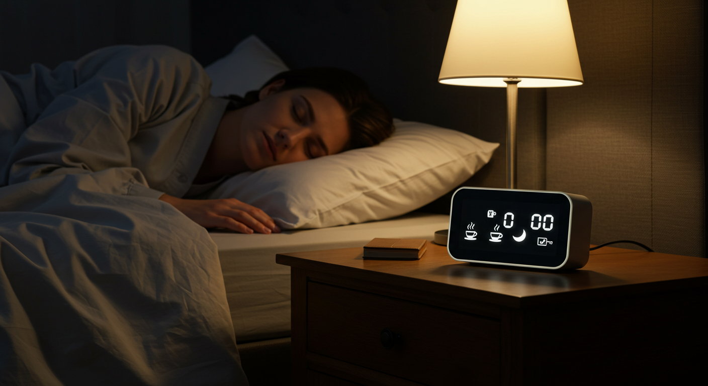 따뜻한 조명 아래 침실 협탁 위, 커피와 달 아이콘이 켜진 시계 옆에서 평온하게 잠든 사람.
