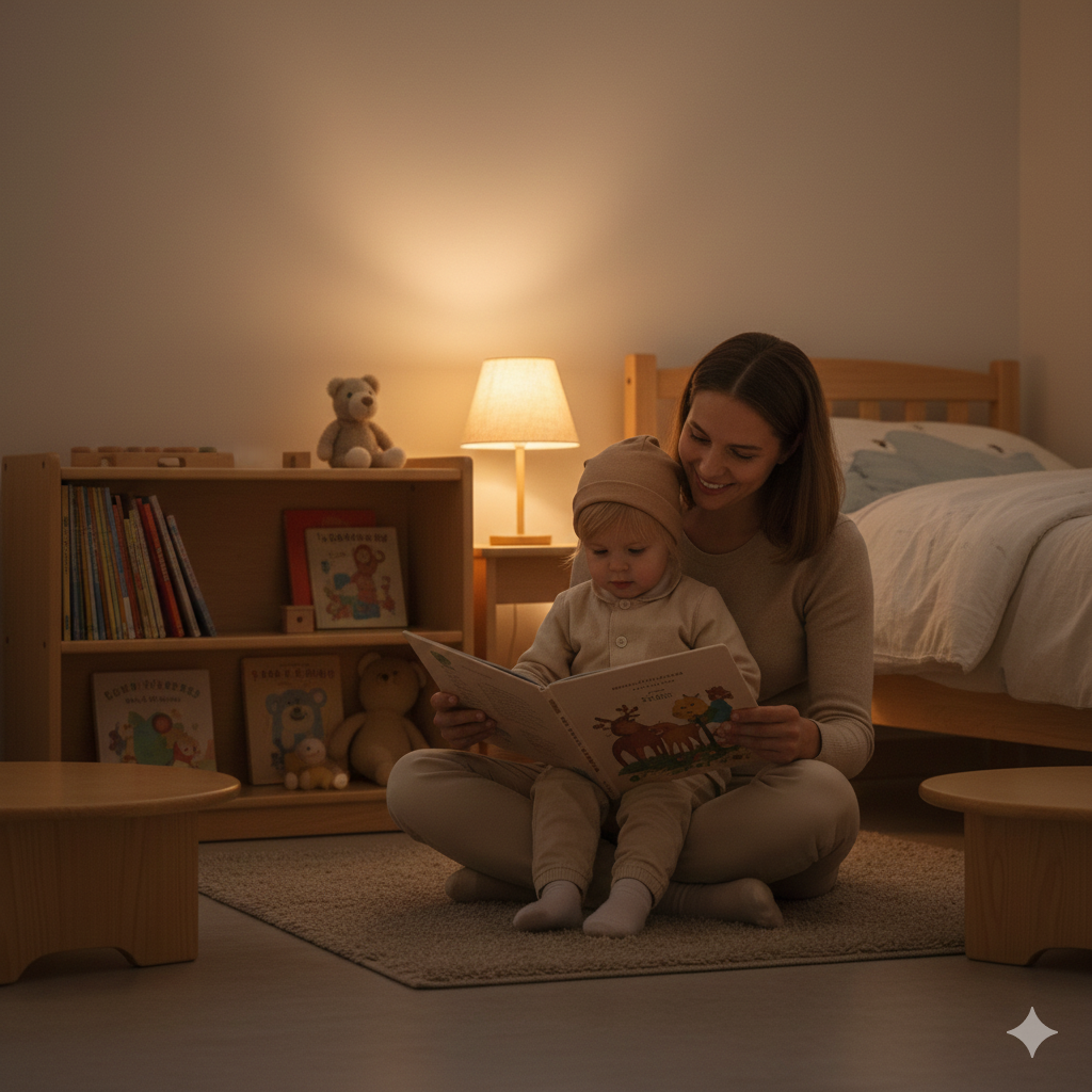 엄마가 잠자리 들기 전에 아이를 무릎에 앉히고 책 읽어주는 모습