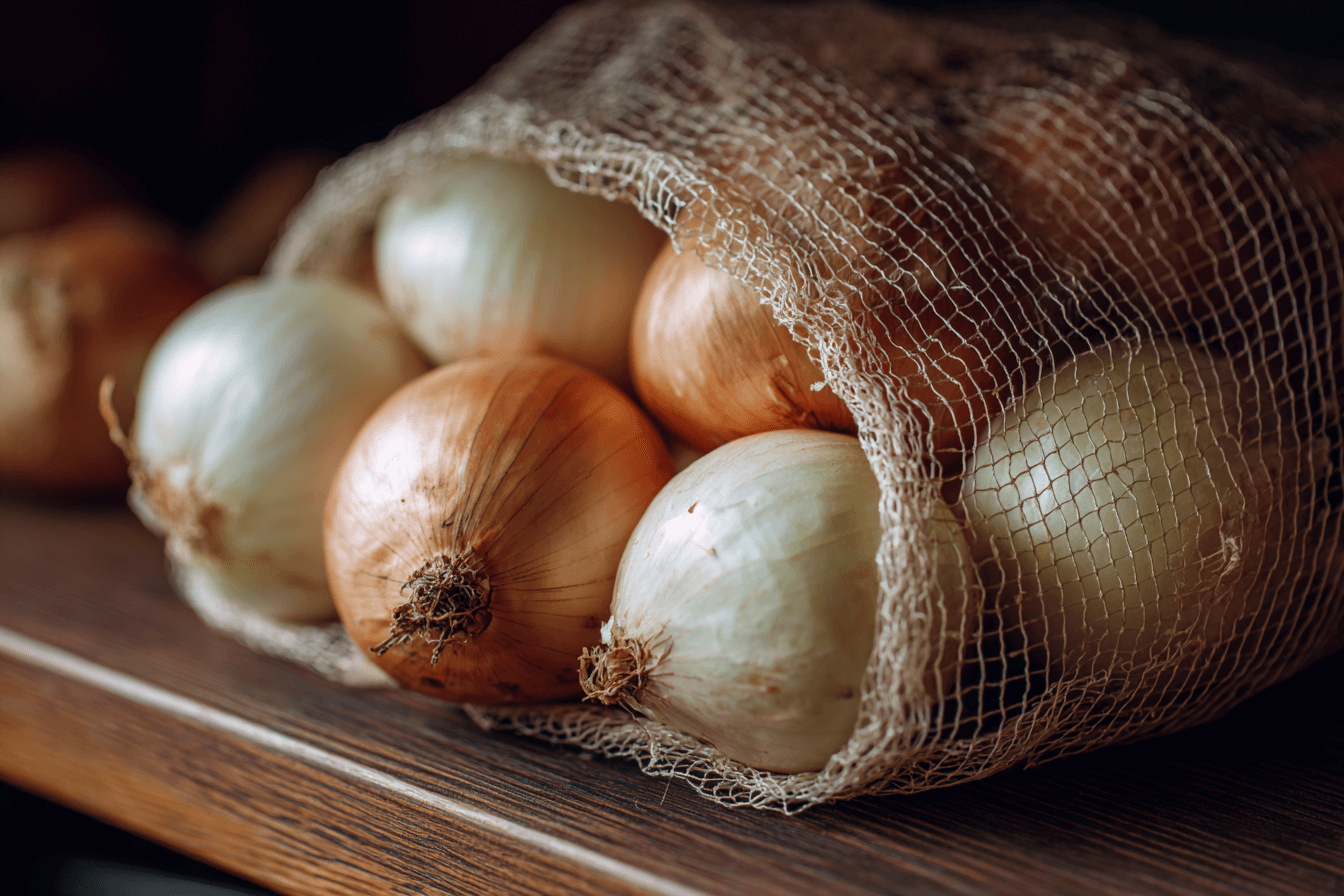 망에-담겨-진열되어있는-양파들