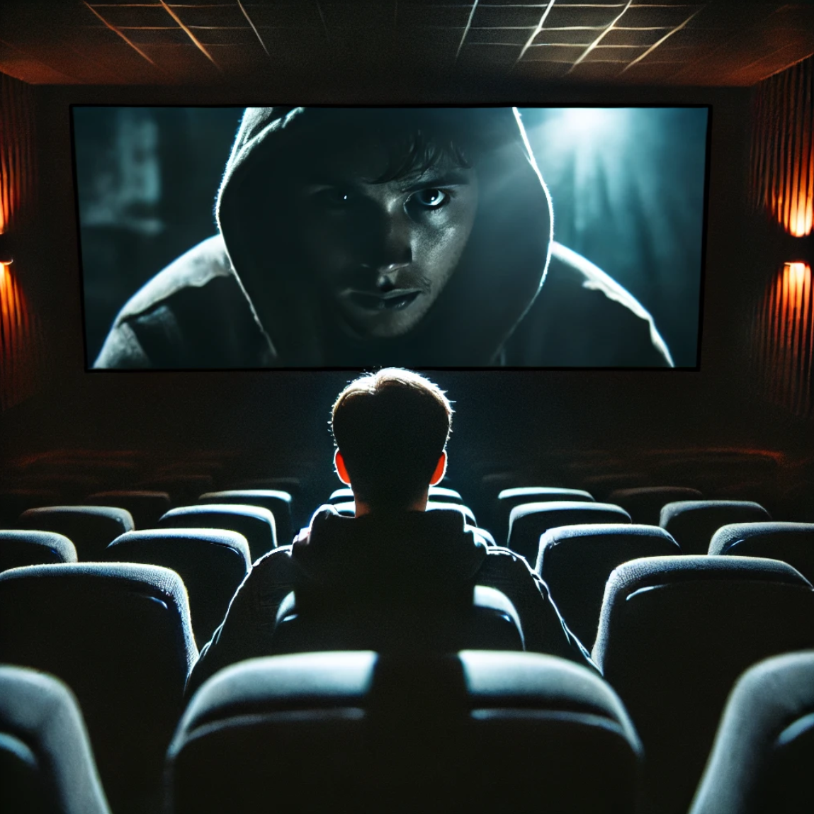 어두운 영화관에서 한 사람이 긴장한 표정으로 영화를 보는 모습.