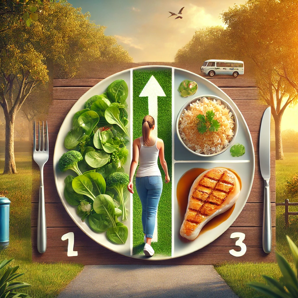 혈당 조절을 위한 올바른 식사 순서는 샐러드, 단백질, 탄수화물 순이며 식후 혈당조절 위해 산책하는 모습