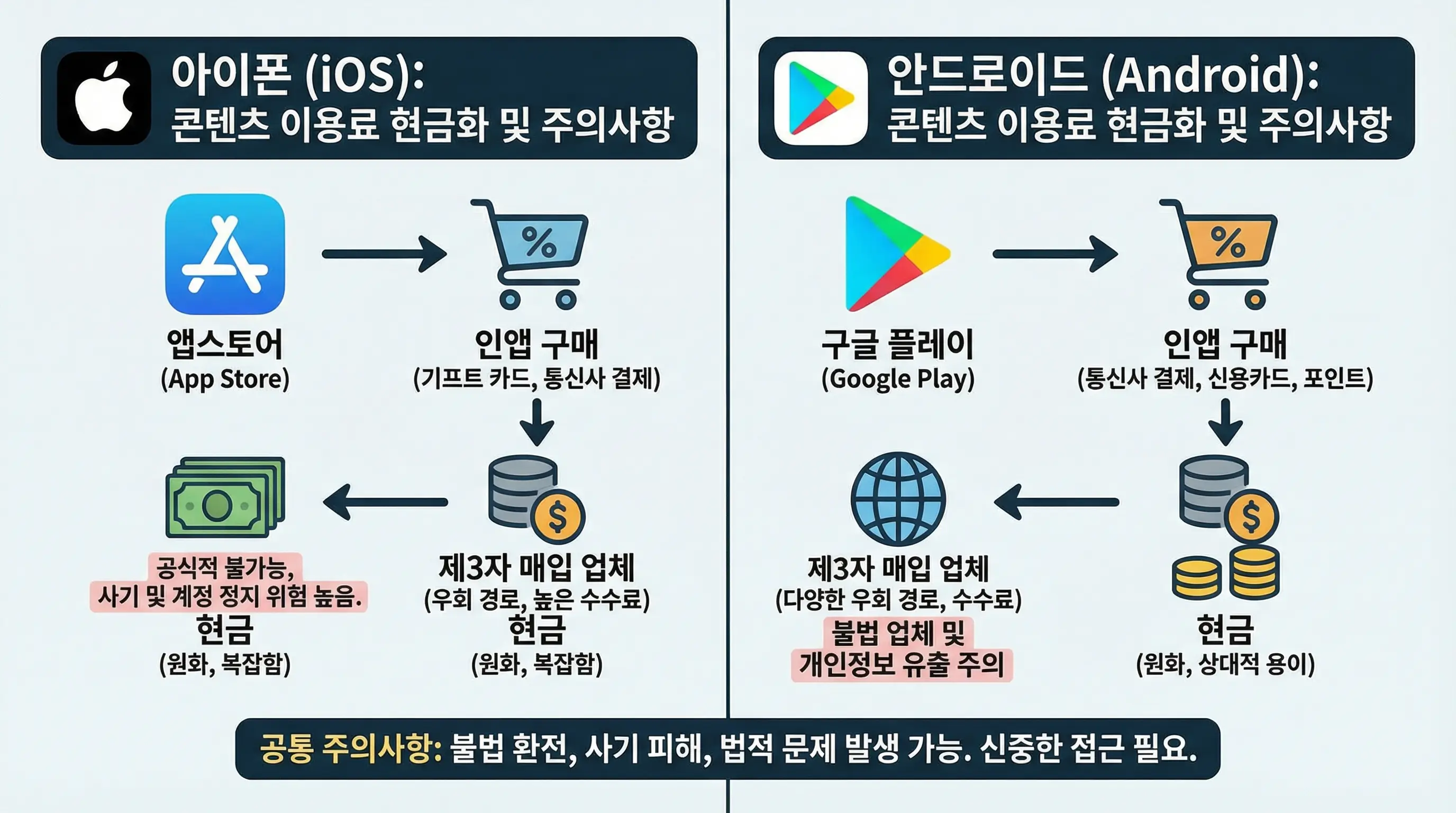아이폰과 안드로이드 폰의 콘텐츠 이용료 현금화 방식 차이와 주의사항을 보여주는 비교 이미지
