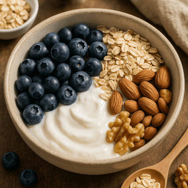 오트밀과 견과류, 블루베리가 곁들여진 요거트