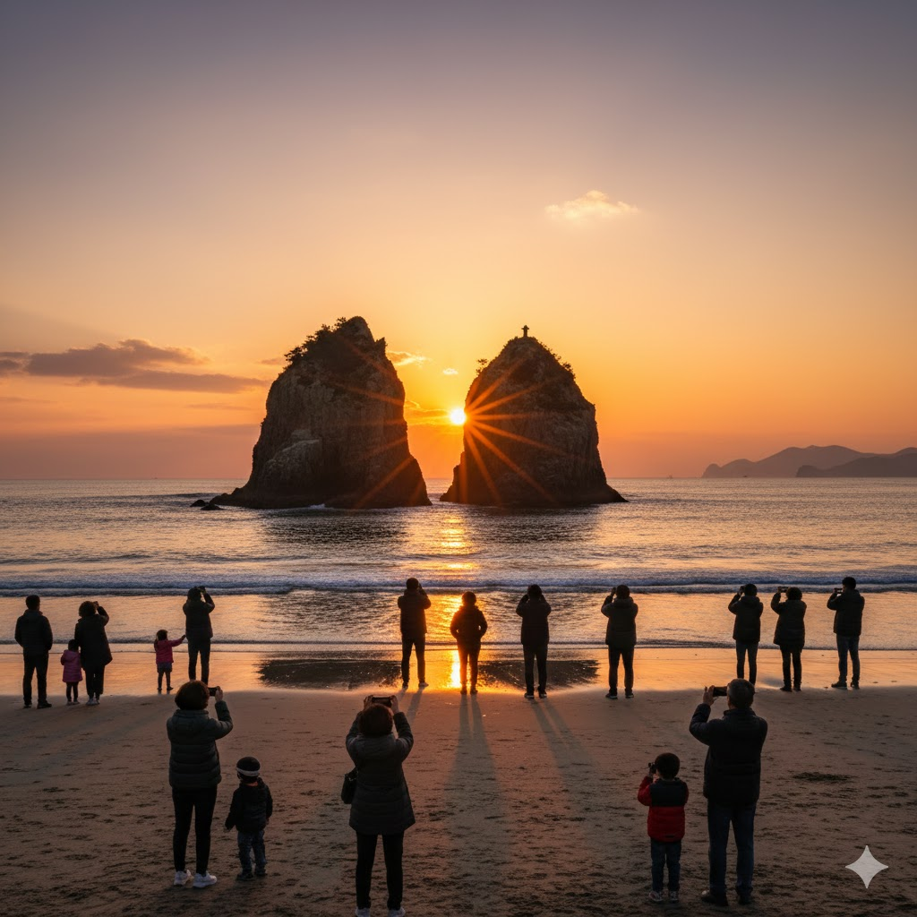 태안 꽂지 해수욕장 바다 한가운데 서 있는 두 개의 바위(할미, 할아비 바위) 사이로 해가 떨어지는 모습