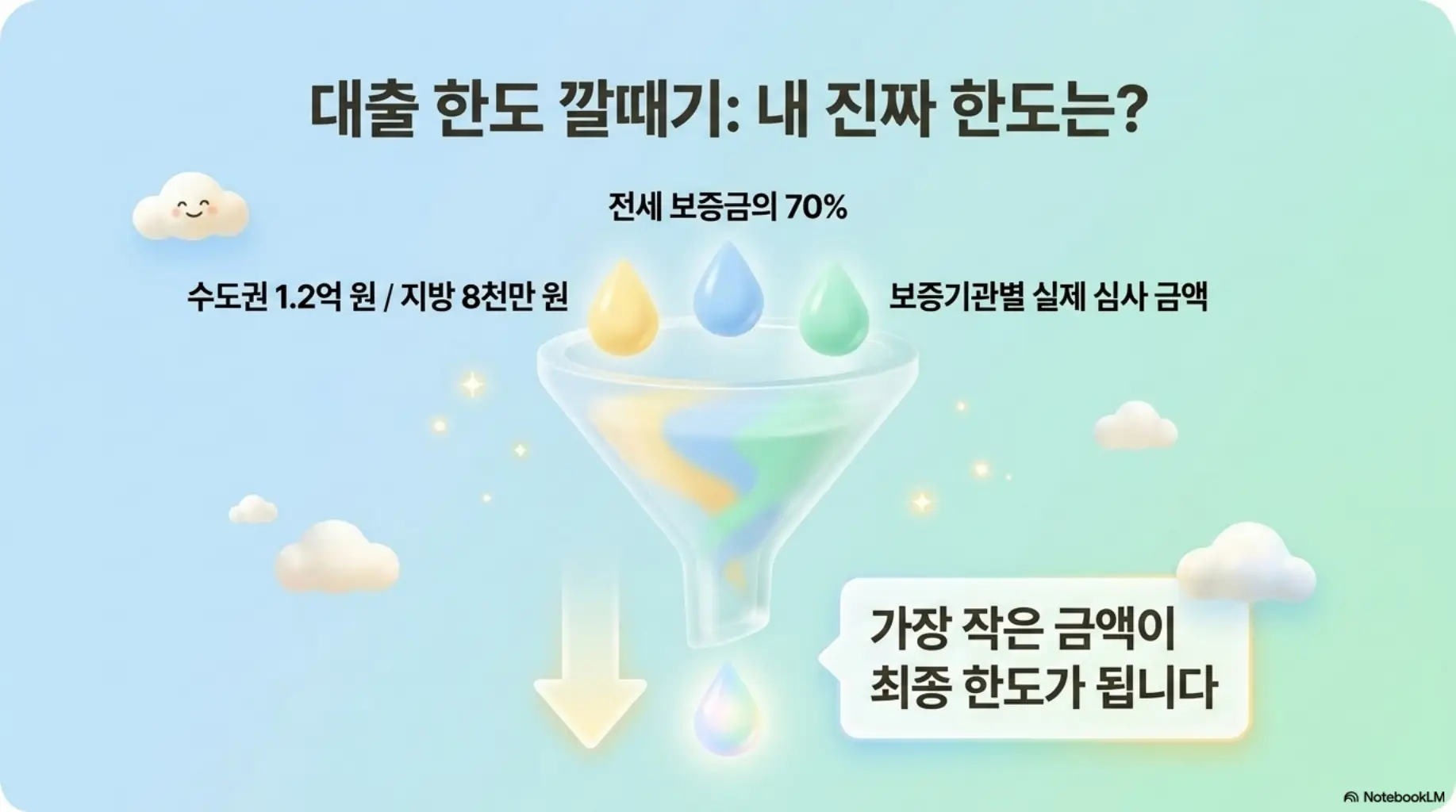 버팀목전세대출 한도 산정 방식을 깔때기 그래픽으로 표현한 이미지. 수도권 1.2억 원, 전세 보증금의 70%, 보증기관별 심사 금액 중 가장 작은 금액이 최종 한도가 되는 구조를 시각적으로 전달하며, 블로그의 버팀목전세대출 한도와 관련된 내용을 설명함