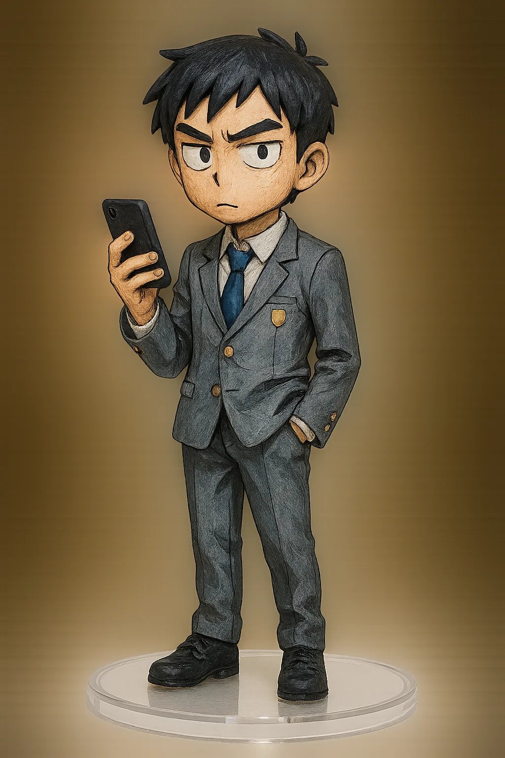 K-팝 아이돌 피규어 🎤✨ "블랙과 실버 무대 의상을 입은 한국 남자 아이돌, 마이크를 들고 카리스마 있게 포즈를 취한 피규어