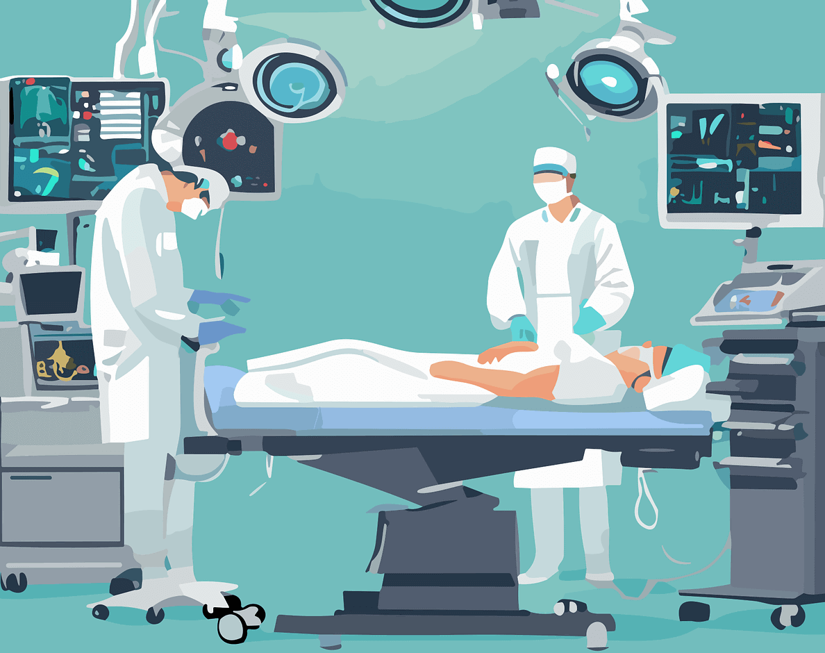 수술실에서 남자 의사 두명이 서 있고 남자 환자가 침대에 누워 수술을 기다리는 그림이다.