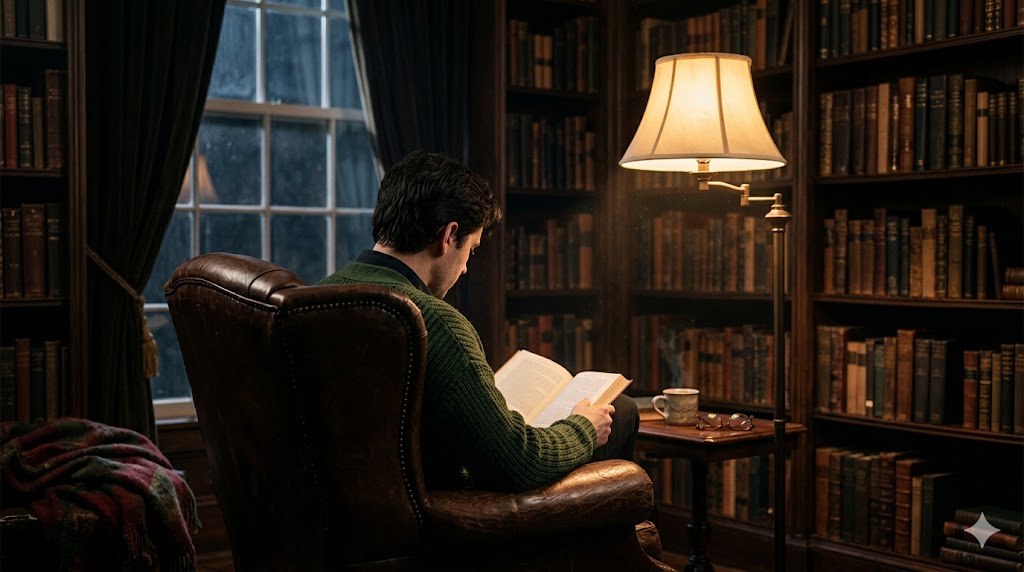은은한 간접 조명이 켜진 안락한 1인용 소파에 앉아 대한민국 소설포럼 대표작 선집 1을 몰입해서 읽는 독자의 뒷모습