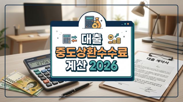 2026년 대출 중도상환수수료 계산 방법과 면제 조건을 보여주는 금융 정보 이미지