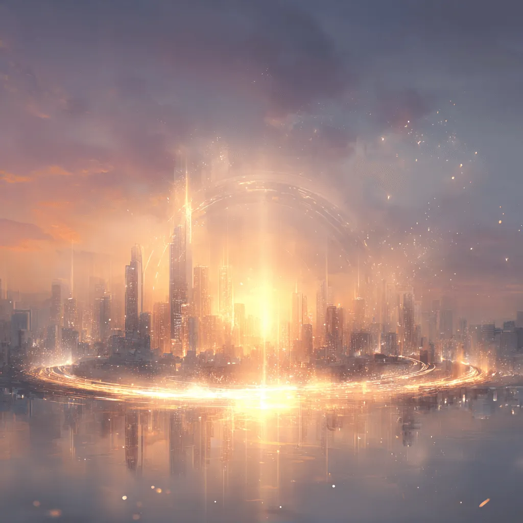 원화스테이블코인: 황금 원화 코인을 중심으로 현대적인 빌딩들이 원형으로 배치되고 빛줄기로 연결된 모습. 빅테크 기업들의 스테이블 코인 생태계 협력을 상징 (BigTech Ecosystem&amp;#44; Fintech Partnership).