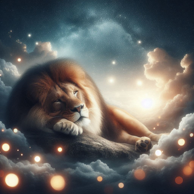 A lion resting on soft grass under a magical sky filled with glowing lights and clouds.