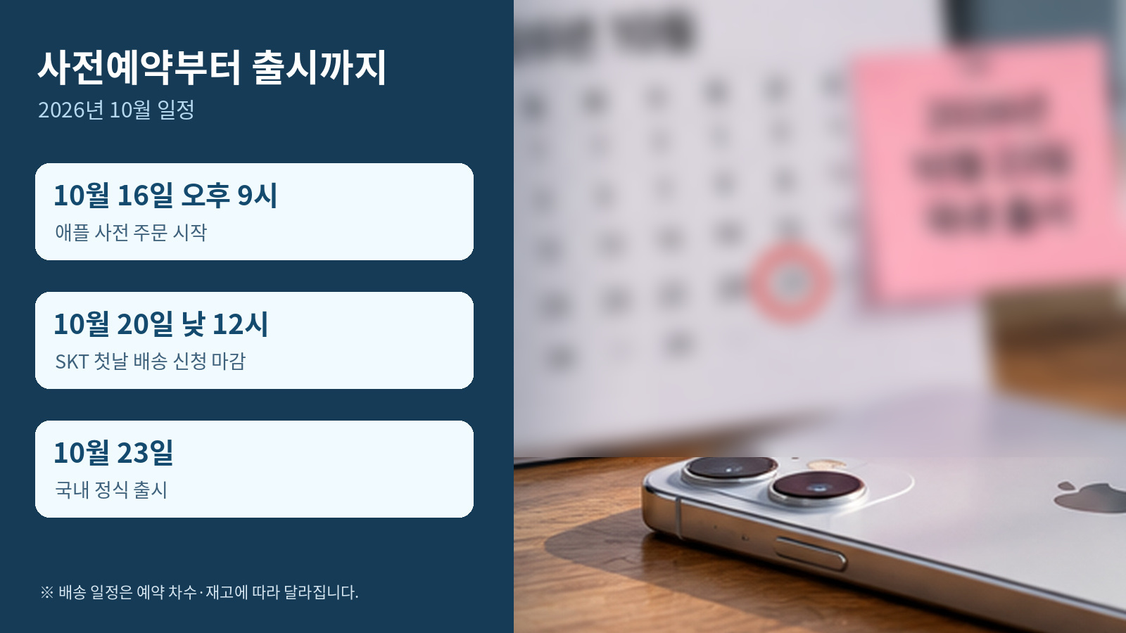 달력과 휴대폰 사진 옆에 10월 16일 사전 주문 시작, 10월 20일 SKT 신청서 마감, 10월 23일 출시 일정을 표시한 이미지