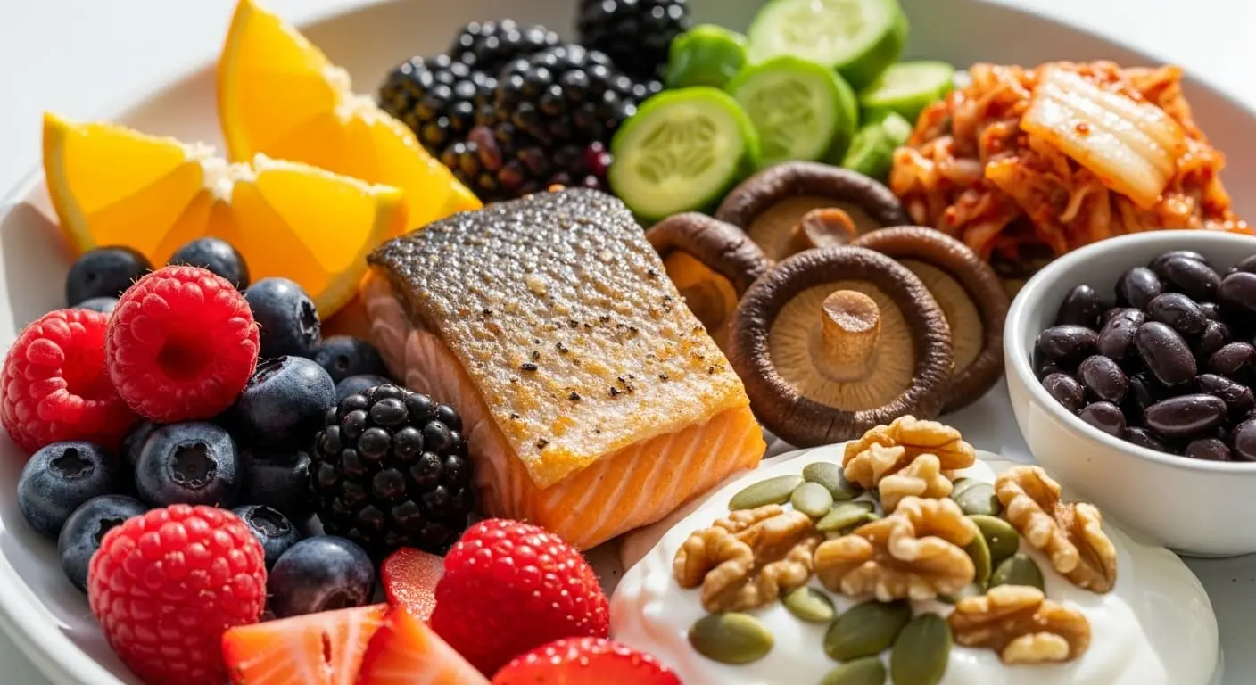 비타민 C, D, 아연, 프로바이오틱스가 풍부한 신선한 제철 과일, 채소, 요거트 등으로 구성된 다채로운 건강 식단.