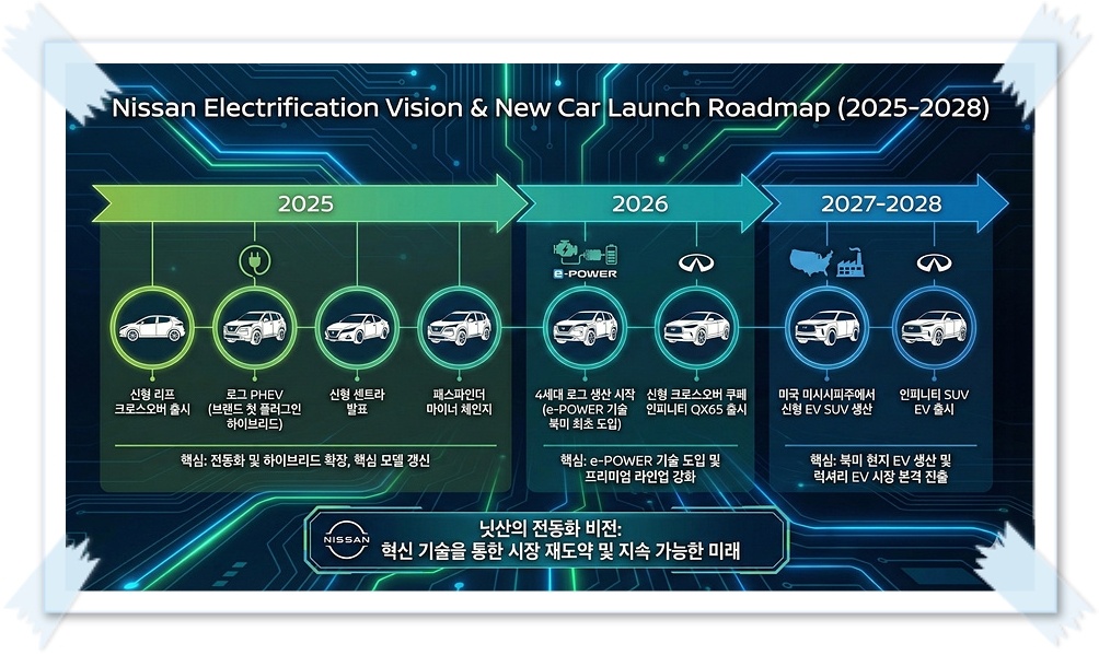 닛산 전동화 비전 2025-2028 신차 출시 로드맵 타임라인 인포그래픽