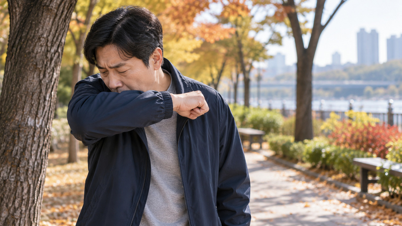 가을 공원 산책로에서 팔꿈치 안쪽으로 기침하는 중년 남성