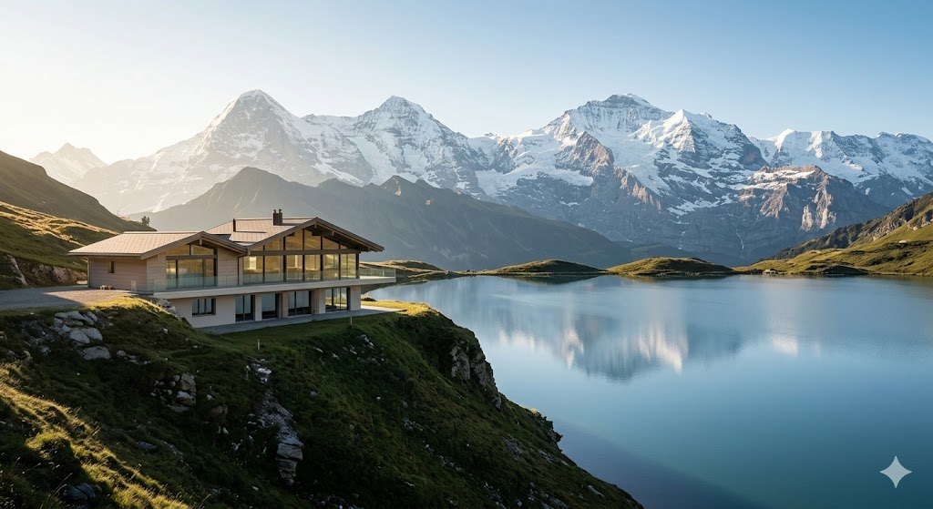 Luxurious Swiss Villa Overlooking Alpine Lake Tranquil Scene