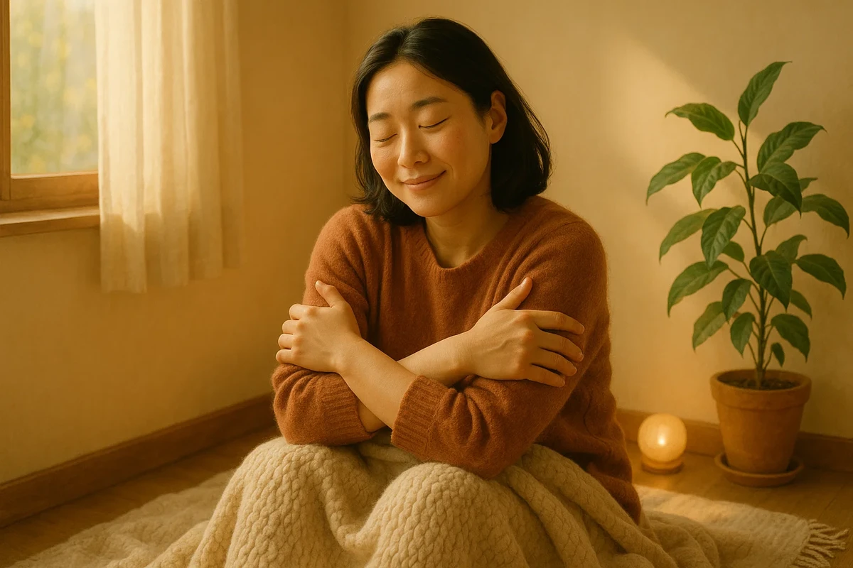 자기 연민 실천을 상징하는 따뜻한 명상 일러스트 - 자애로운 표정의 인물이 스스로를 안아주며 감정조절, 마음챙김, 회복탄력성 향상을 표현