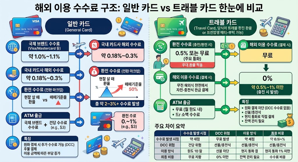 일반 카드와 트래블 카드의 수수료 구조를 한눈에 보여주는 비교 인포그래픽