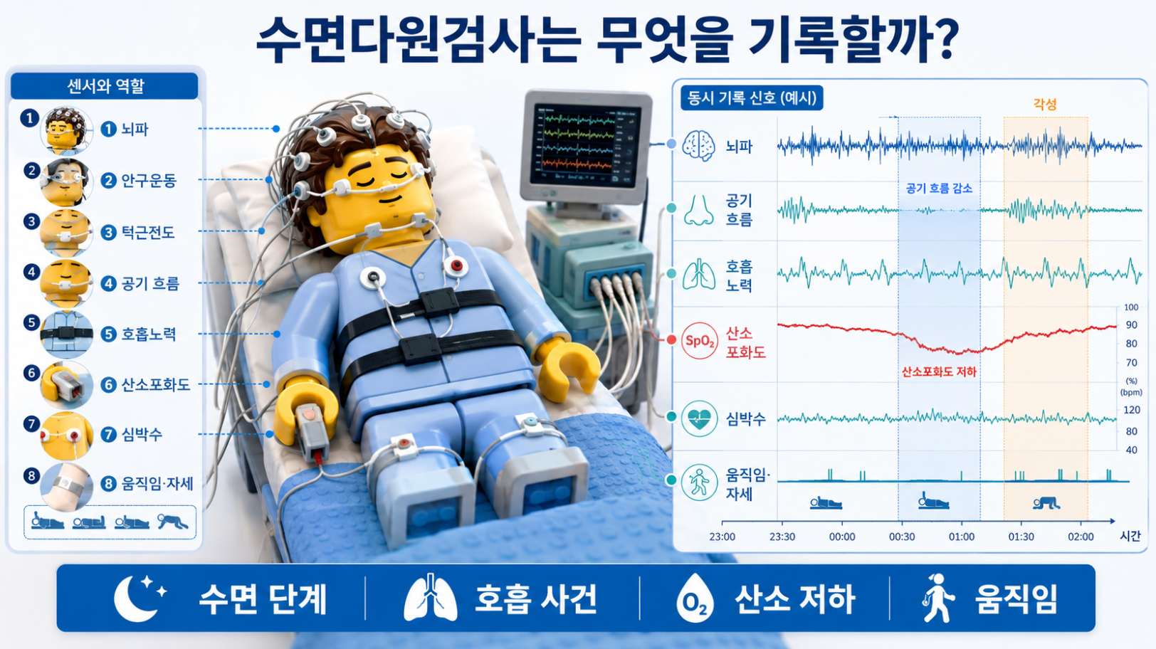 수면다원검사에서 기록하는 생체신호와 센서별 역할을 한눈에 보여주는 의료 인포그래픽