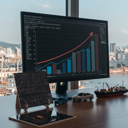 대형 모니터에 수출 그래프가 우상향하는 장면, 앞 책상에는 반도체 웨이퍼 모형과 미니 전기차, 선박 모형이 함께 놓여 있고 도시의 항만이 창밖으로 보이는 구도, 글자 없음