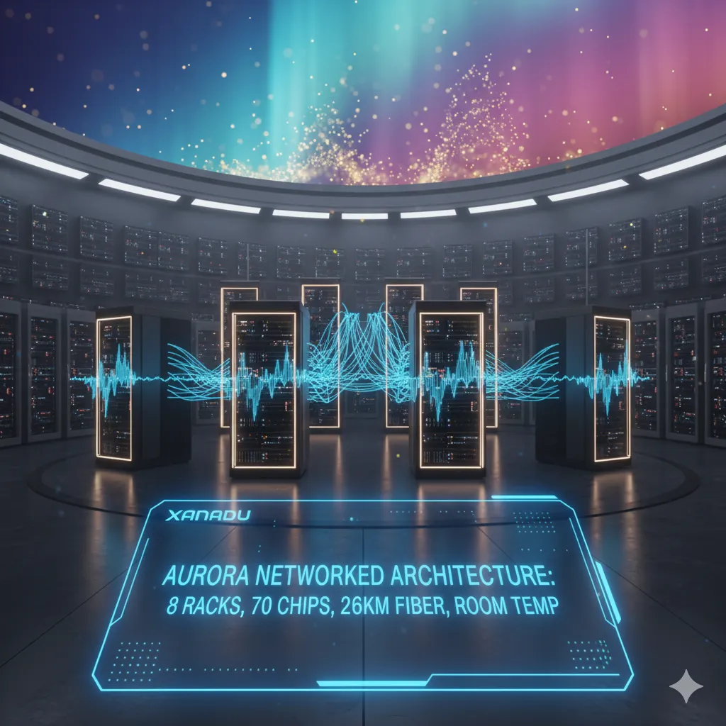 자나두 양자컴퓨팅: 자나두의 Aurora 시스템이 데이터센터 환경에 배치된 모습을 표현합니다. 미래지향적인 서버 랙들이 원형으로 배치된 공간에 푸른색 광섬유 네트워크가 복잡하게 얽혀 랙들을 연결하고 있습니다. 각 랙 상단에서는 빛나는 양자 파동(혹은 정보 흐름)이 뿜어져 나오며 중앙으로 모입니다. 중앙에는 'XANADU AURORA NETWORKED ARCHITECTURE: 8 RACKS, 70 CHIPS, 26KM FIBER, ROOM TEMP'와 같은 핵심 정보가 홀로그램 디스플레이로 떠 있습니다. 배경은 짙고 어두운 톤이지만, 상단에서는 오로라처럼 신비로운 빛이 쏟아져 들어와 기술의 희망적인 미래를 암시합니다.