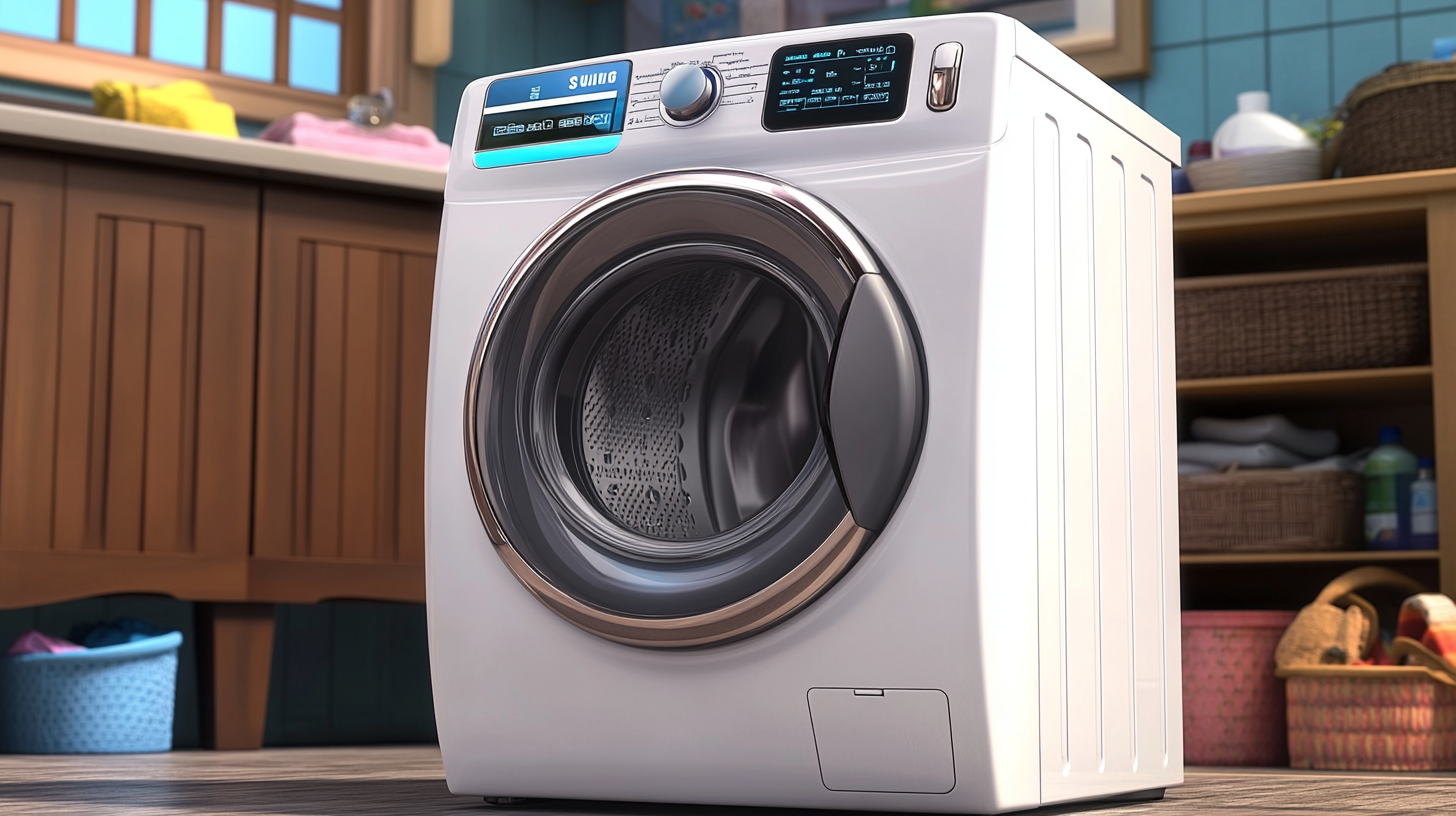 삼성 WF25CB8650BW 세탁기가 현대적인 스마트 홈 환경에 있는 모습으로, 세련된 디자인과 첨단 디지털 인터페이스를 강조하고 있습니다.