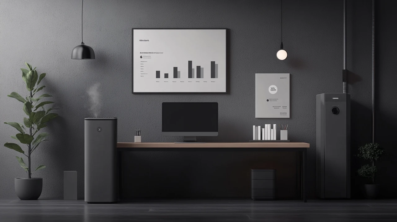 데이터 시각화를 통해 사무실용 공기청정기 필터 효율, 소음, 유지비, 추천 브랜드, 성능 비교 정보를 한눈에 볼 수 있게 구성했으며, 최신 기술과 선택 가이드 기능을 강조하였습니다.