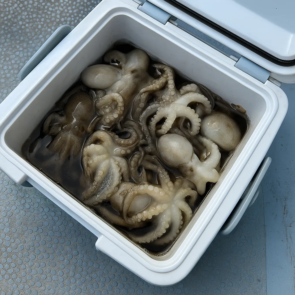 작은 쿨러에 담긴 장고항 쭈꾸미 실전 조과 모습