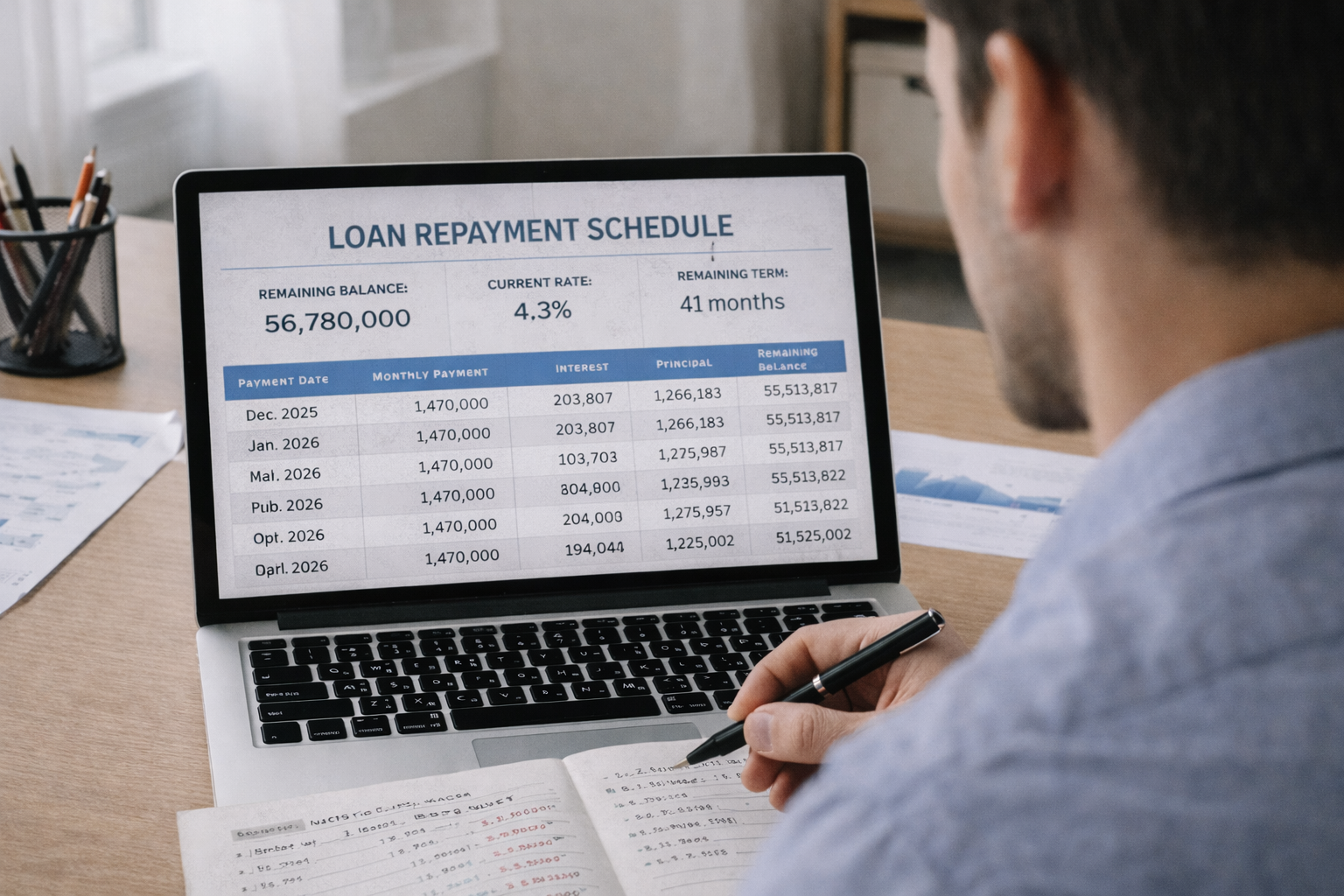 대출 상환표를 확인하는 노트북 화면을 보고있는 남성의 모습