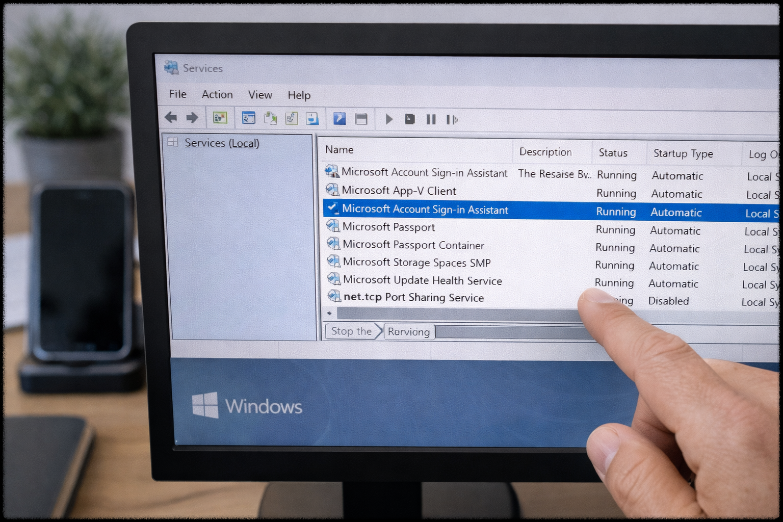 윈도우 서비스에서 계정 관련 서비스를 확인하는 모습