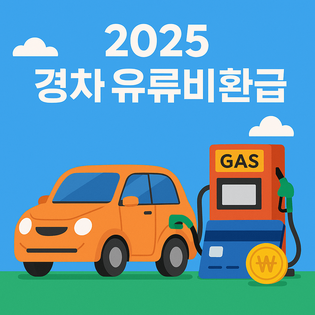 2025 경차 유류비 환급제도 안내 - 주유소 앞에 있는 오렌지색 경차와 환급을 상징하는 카드 및 동전 일러스트