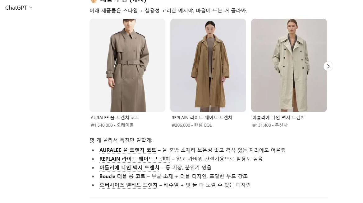 ChatGPT 쇼핑 실행화면