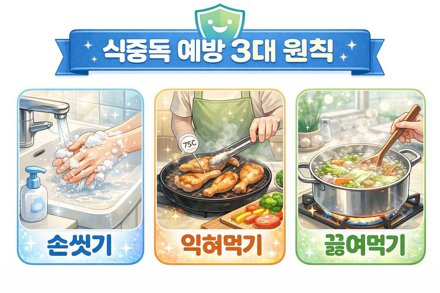 식중독 예방 3대 원칙 손 씻기, 익혀 먹기, 끓여 먹기 이미지