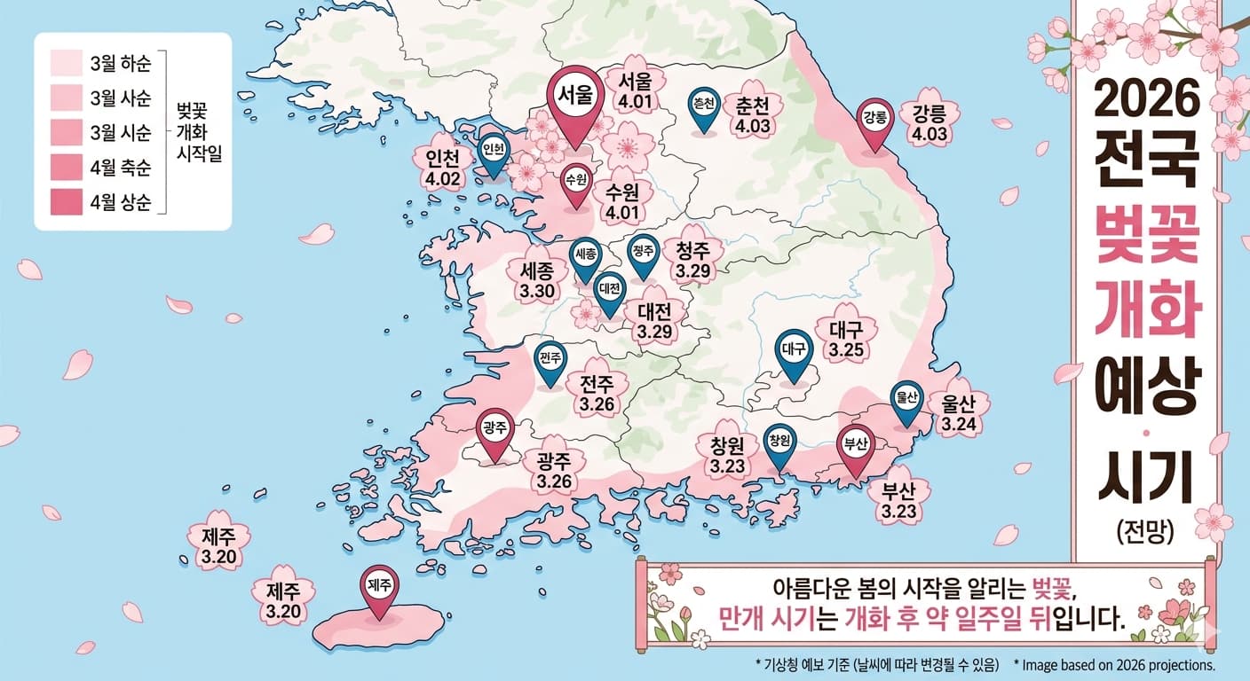 2026년 전국 주요 도시 벚꽃 개화 시기 예상 일자가 표시된 한국 지도 인포그래픽