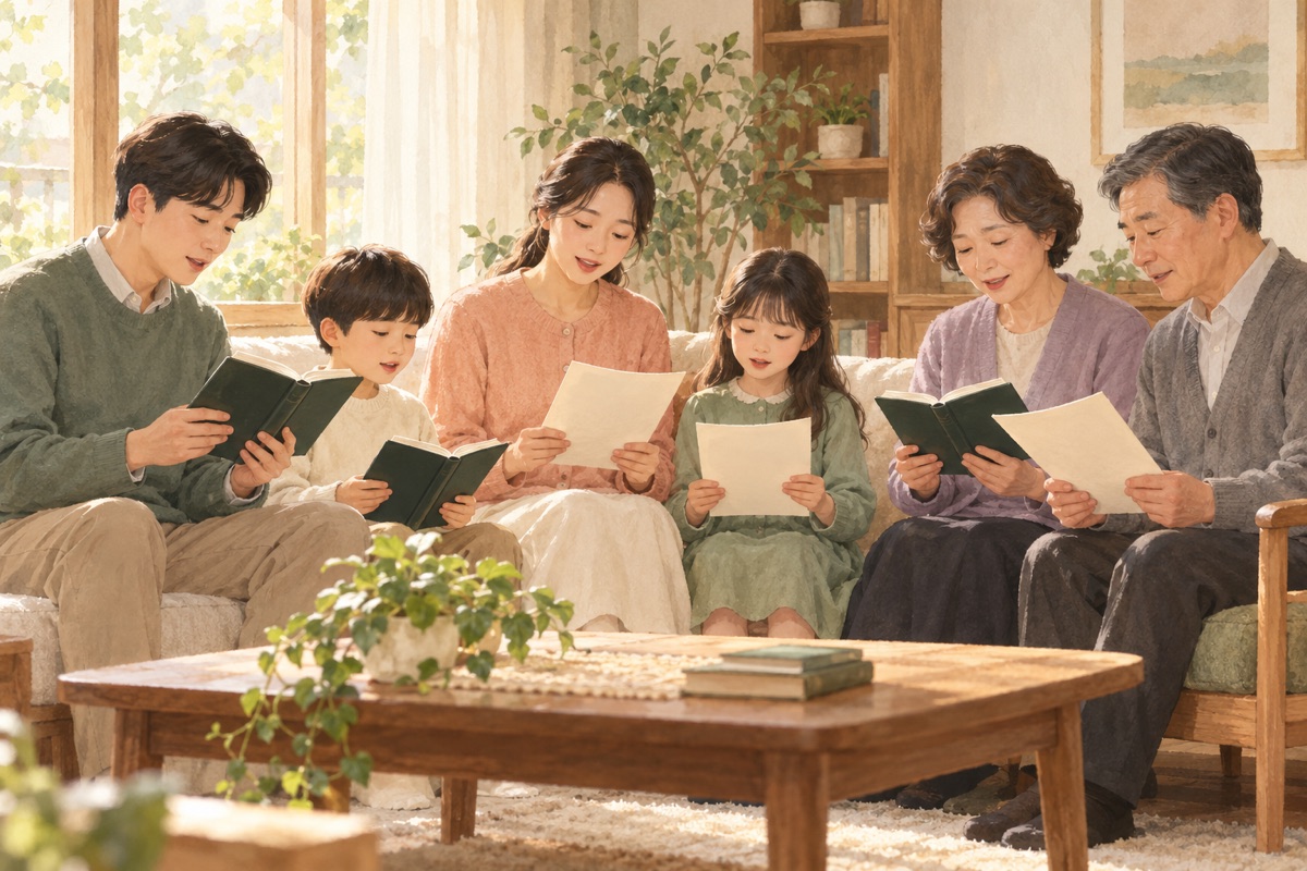 추도예배 순서 &mdash; 가족이 찬송가와 순서지를 나눠 들고 앉은 모습