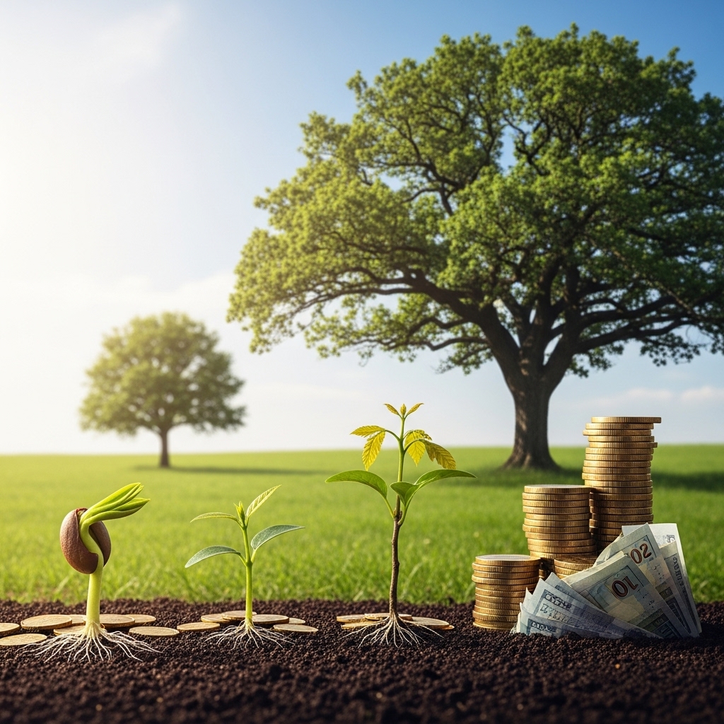 작은 씨앗이 점차 성장하여 큰 나무가 되는 그림. 소액으로 시작하는 주식 투자의 중요성과 점진적인 성장을 시각적으로 보여줍니다.2