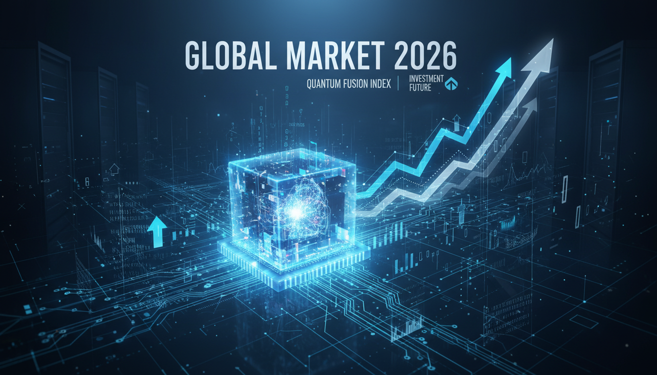 양자컴퓨터 코어와 상승하는 주식 시장 차트가 결합된 2026년 미래 기술 투자 개념도